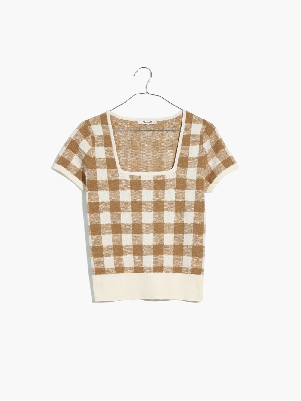🍁Madewell Square-Neck Sweater Tee Gingham Large Buffalo Check Tan Cream Fall
